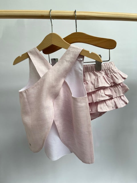 pink linen cross back top and frilled bloomers